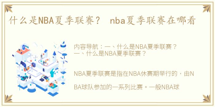 什么是NBA夏季联赛？ nba夏季联赛在哪看