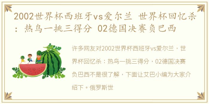 2002世界杯西班牙vs爱尔兰 世界杯回忆杀：热鸟一挑三得分 02德国决赛负巴西