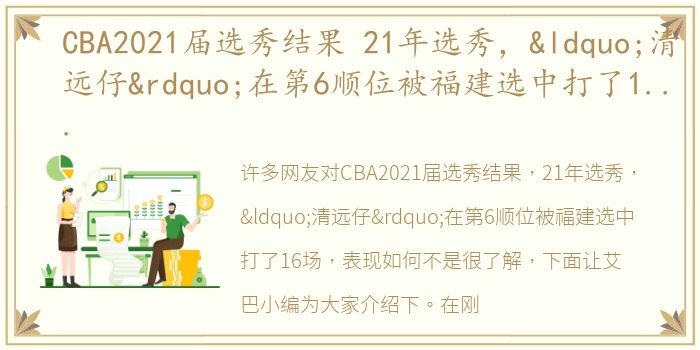 CBA2021届选秀结果 21年选秀，“清远仔”在第6顺位被福建选中打了16场，表现如何