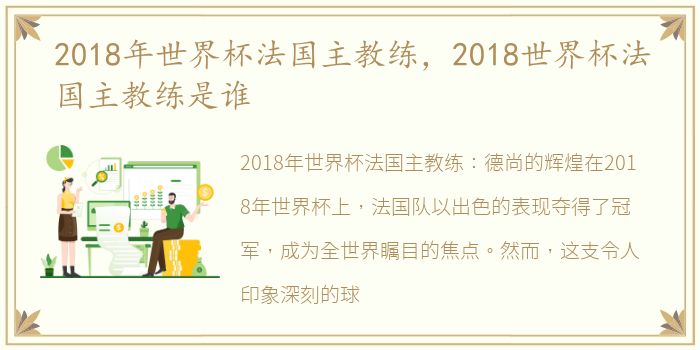 2018年世界杯法国主教练，2018世界杯法国主教练是谁