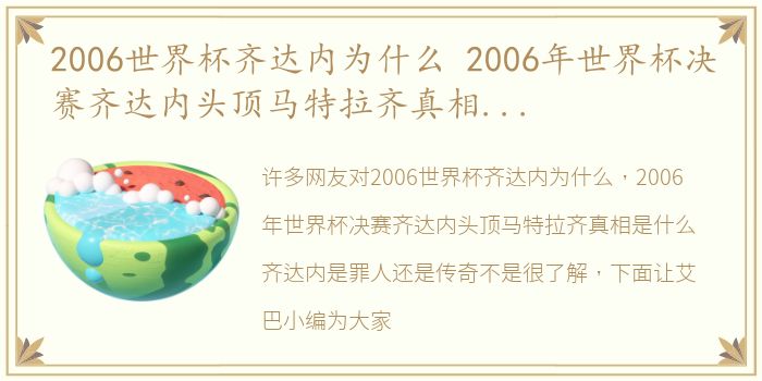 2006世界杯齐达内为什么 2006年世界杯决赛齐达内头顶马特拉齐真相是什么齐达内是罪人还是传奇