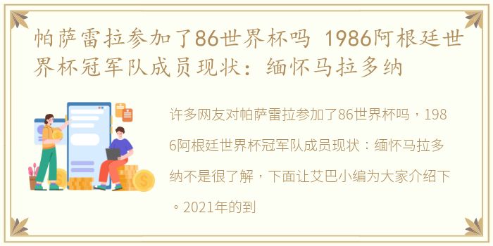 帕萨雷拉参加了86世界杯吗 1986阿根廷世界杯冠军队成员现状：缅怀马拉多纳