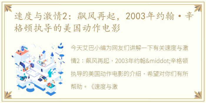 速度与激情2：飙风再起，2003年约翰·辛格顿执导的美国动作电影