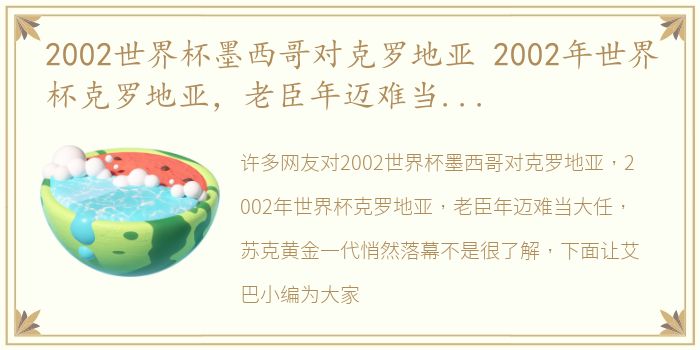 2002世界杯墨西哥对克罗地亚 2002年世界杯克罗地亚，老臣年迈难当大任，苏克黄金一代悄然落幕