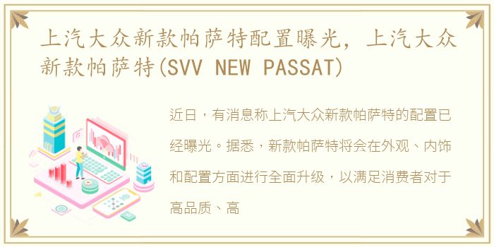 上汽大众新款帕萨特配置曝光，上汽大众新款帕萨特(SVV NEW PASSAT)