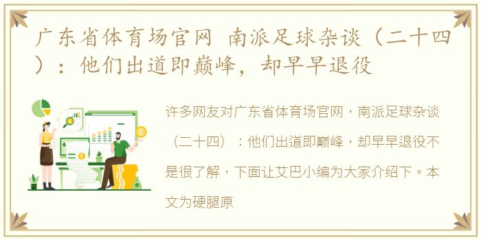 广东省体育场官网 南派足球杂谈（二十四）：他们出道即巅峰，却早早退役