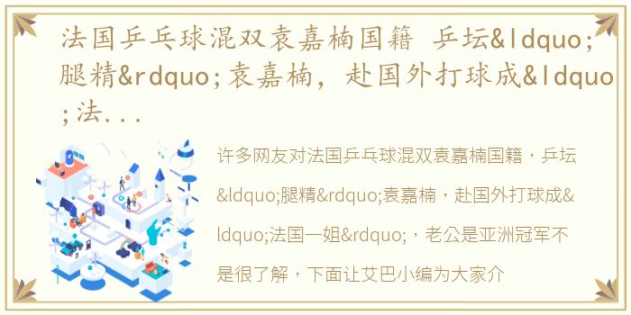 法国乒乓球混双袁嘉楠国籍 乒坛“腿精”袁嘉楠，赴国外打球成“法国一姐”，老公是亚洲冠军