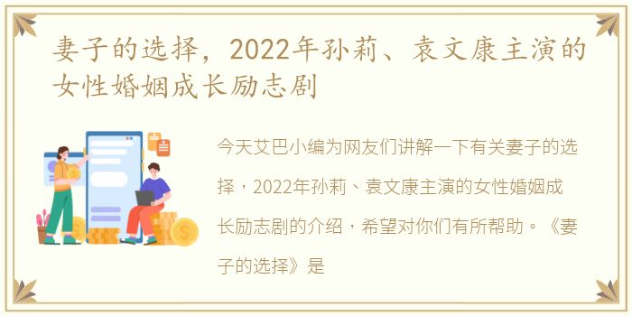 妻子的选择，2022年孙莉、袁文康主演的女性婚姻成长励志剧