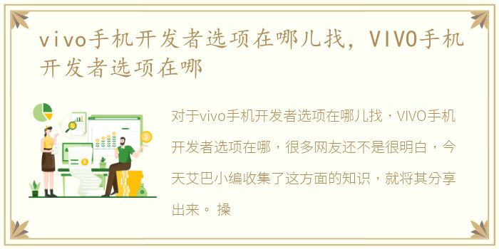 vivo手机开发者选项在哪儿找，VIVO手机开发者选项在哪