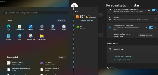 Windows 11开始菜单将拥有自己的浮动小部件侧边栏